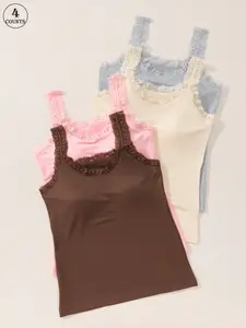 8PCS Women’s Sleeveless Stretch Casual Tank Tops with Lace Trim Round Neck, Soft Fabric with Integrated Lining for Layering or Wearing Alone