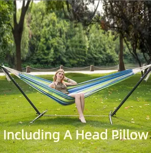 Double Hammock with Head Pillow – Sturdy Steel Stand & Portable Case – Supports 450 lbs – Ideal for Camping & Backyard Relaxation