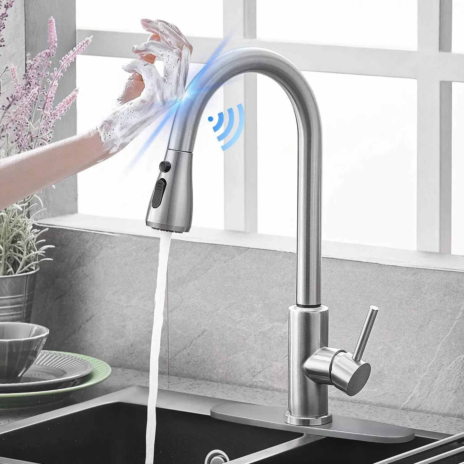 Touch Kitchen Faucet, Smart Kitchen Sink Faucet with Pull Down Sprayer, Touch on Activated Kitchen Bar Sink Faucet Brushed Nickel, Stainless Steel Kitchen Faucets with Deck Plate