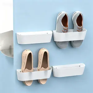 4 Pack Wall Mounted Shoe Rack with Adhesive Hanging Strips, Plastic Holder Storage Organizer for Door, Space Saving, No Drilling Needed, Reusable, Stick On Shoe Hanger for Entryway Closet (White)