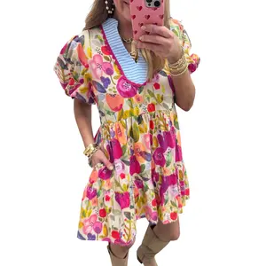Bright Floral Print Ricrac Trim Striped Patchwork V Neck Dress