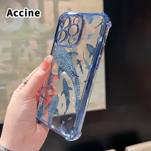 Electroplated Four Corner Anti-Fall Whale Shark Wonders Pattern Phone Case for iPhone 16 Pro Max 15 Plus 14 13 12 11 E Shockproof Transparent Protective Cover
