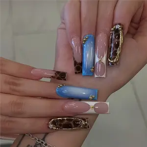 24 Pcs Luxury Long Square Nail Tips, Blue Gradient Tortoiseshell Design, Gold Beads & Flower Decor, Glossy Gel False Nails, Reusable, Free Jelly Glue & File