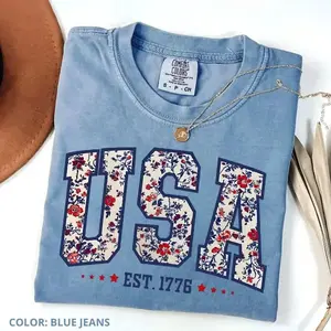 Comfort Colors loral USA T-Shirt, Retro America 4th Of July Shirt, Soft Cotton Fabric, Independence Day Outfit