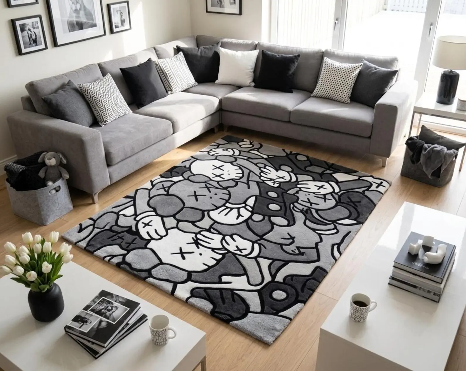 Hypebeast Pop Art Area Rug, Modern Hand-Tufted Wool Carpet, Gray Black White Luxury Thick Plush Decor Rug, Available in 5x8, 6x9, 8x10, 9x12 & Custom Sizes