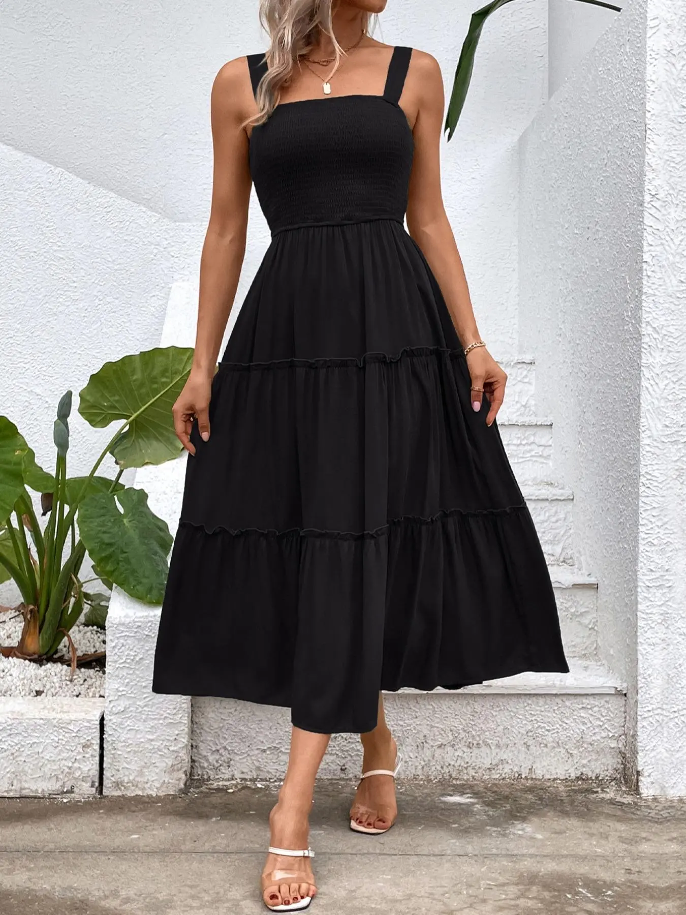 Women's Frill Trim Ruffle Hem Shirred Backless Fitted Sundress Cami Dress, Sleeveless A Line Long Dress, Women's Clothing for Summer Beach Holiday, Boho Vibe Clothes Women, Vintage Girly Clothes, Womenswear, Bohemian Casual Women's Frill Trim Ruffle Hem Shirred Backless Fitted Sundress Cami Dress, Sleeveless A Line Long Dress, Women's Clothing for Summer Beach Holiday, Boho Vibe Clothes Women, Vintage Girly Clothes, Womenswear, Bohemian Casual