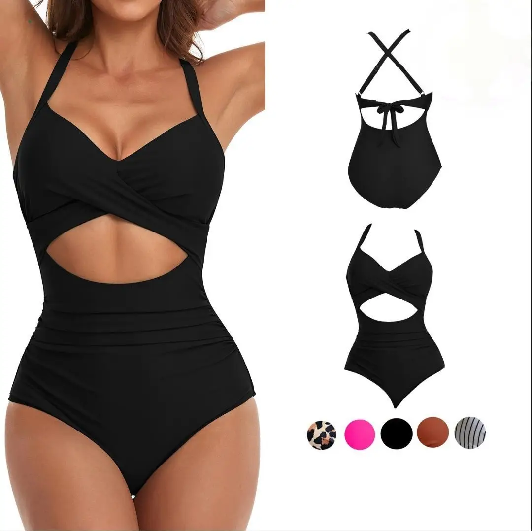 Eomenie One Piece Swimsuit Cutout Tummy Control Bathing Suit Women Wrap Tie Back Striped Contrast Sculpting Shap Swimwear Swimsuit