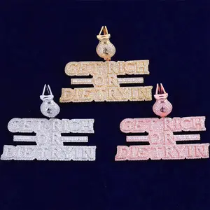 [ICE HUE] 18K Gold Vacuum Plated Copper Pendant Necklace with 5A+ Sri Lanka Zircon & Get Rich Letters, Hip-Hop Inspired, Sporty Look, Daily Wear Suitable Luxury Costume Jewelry for Women & Men