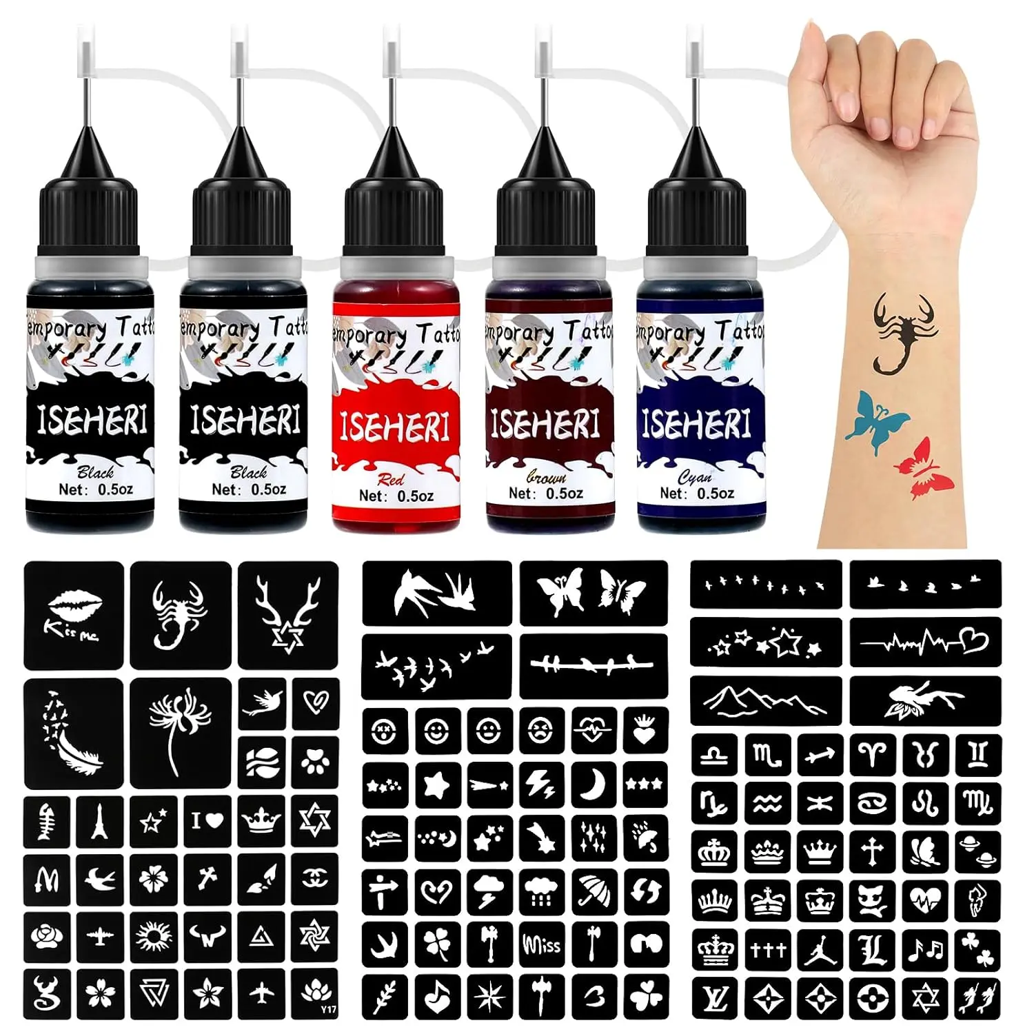 Temporary Tattoo Kit 5 Bottles Color Inks,115 Pcs Stencils Kit for Body Paint DIY Fake Tattoos for Kids(black*2, brown, red, cyan)