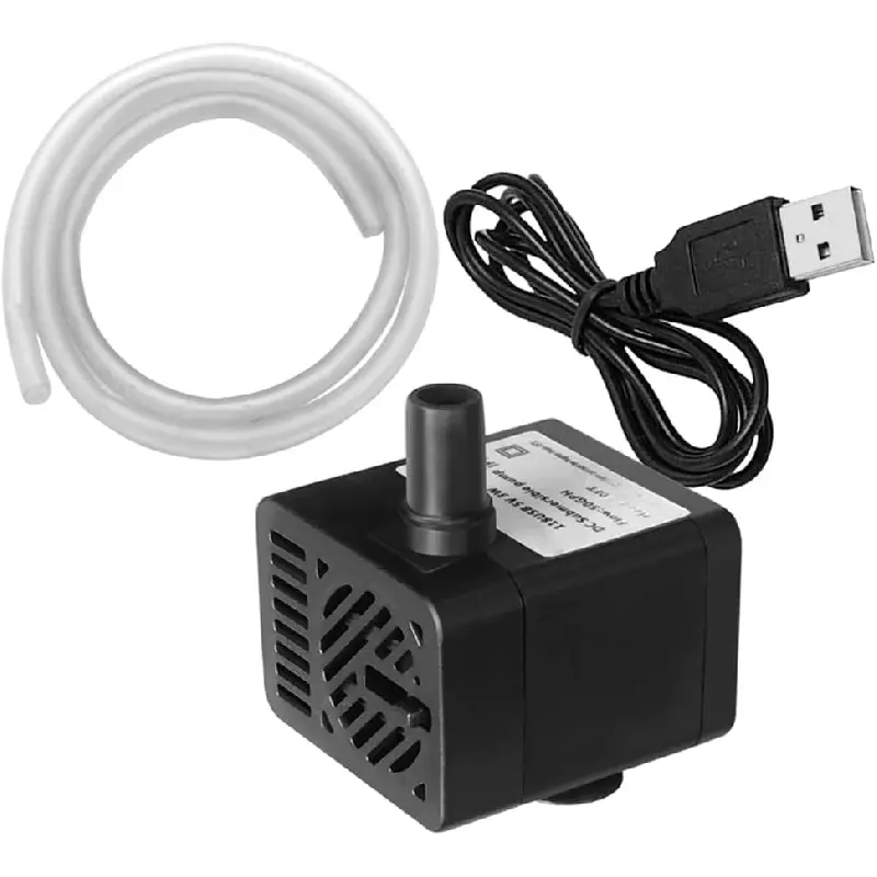 USB Powered DC 5V Compact Submersible Water Pump with Copper Wire, Adjustable, Includes Tubes, 2 Suction Cups - 3W, 1.5 x 1.5 x 1.1 inch, 4.9 Ft for Pet Fountain, Aquarium Fish Tank, Aquarium Pump