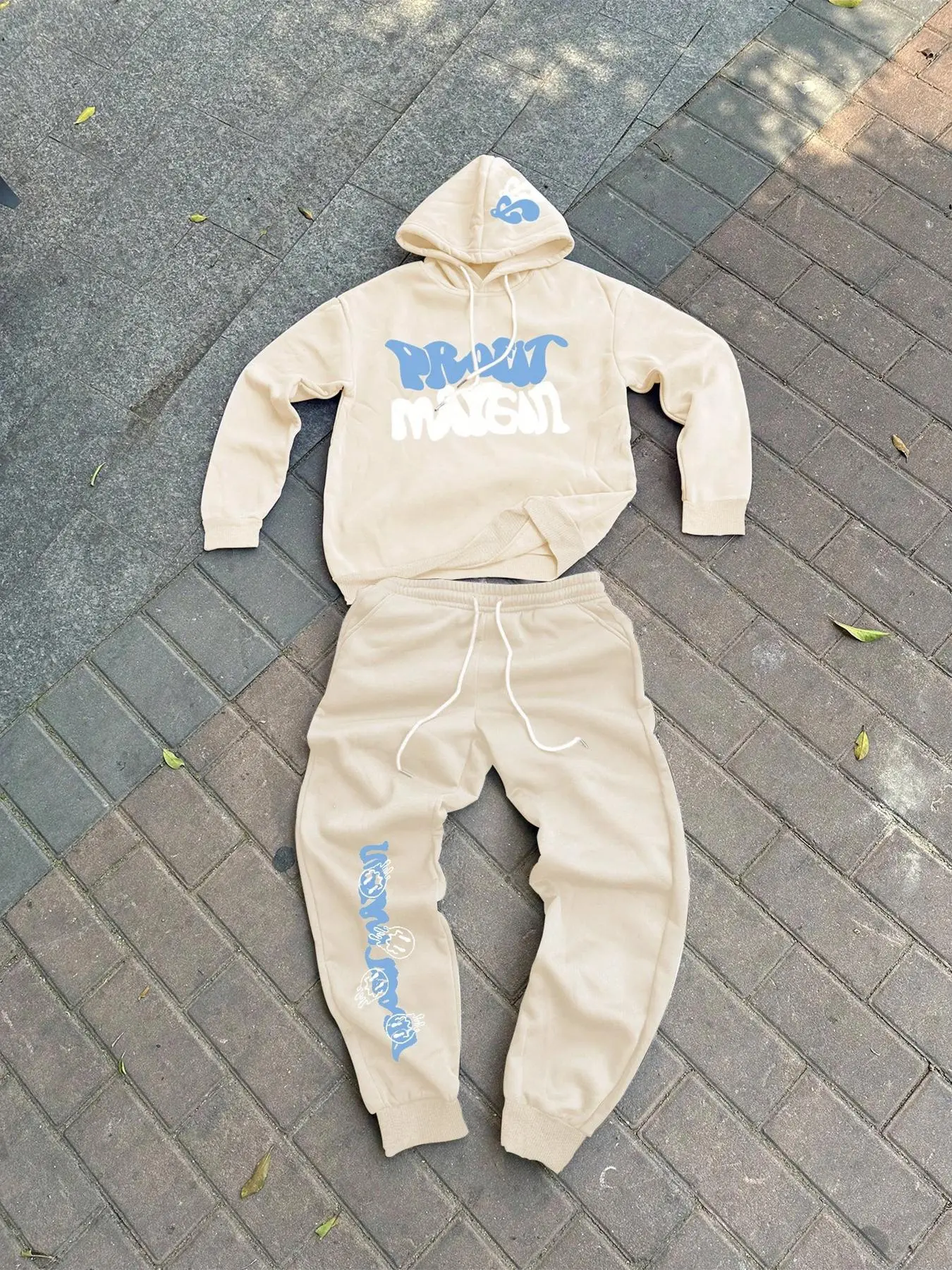 Men's Plush Lined Letter & Jellyfish Print Drop Shoulder Hooded Sweatshirt & Drawstring Waist Sweatpants Two-Piece Set, Sweatshirt Sets, Set Outfit, Sweat Suit, Streetwear, Thermal Warm for Daily Wear, Men's Spring & Fall Clothes