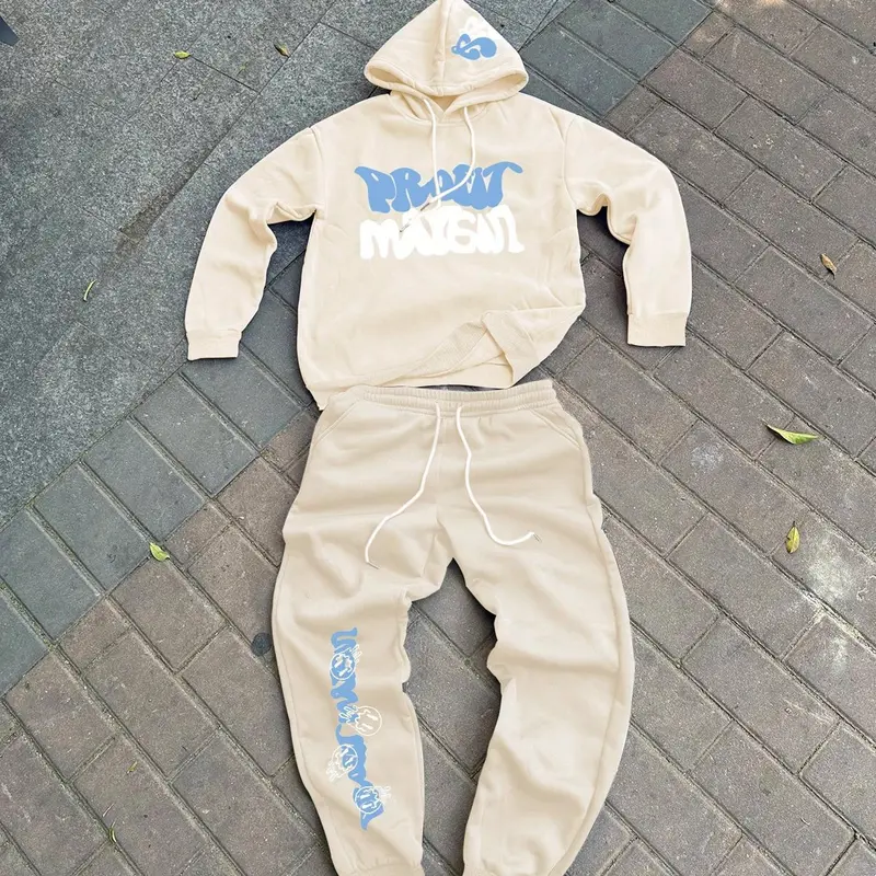 Men's Plush Lined Letter & Jellyfish Print Drop Shoulder Hooded Sweatshirt & Drawstring Waist Sweatpants Two-Piece Set, Sweatshirt Sets, Set Outfit, Sweat Suit, Streetwear, Thermal Warm for Daily Wear, Men's Spring & Fall Clothes