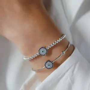 925 Sterling Silver Evil Eye Bracelet, Cuff Bracelet, Evil Eye Beaded Bracelet,