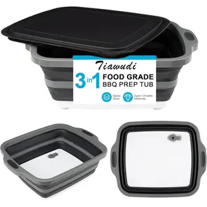 Collapsible Cutting Board with Container, Foldable Camping Sink with Colander, BBQ Prep Tub with Lid, Multifunction Dish Basin for Kitchen, Bowl, Vegetable and Fruit, 2.11 Gal/8L Storage Basket