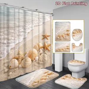 4PCS Beach Seashells Shower Curtain set, Soft toned Seashell and Starfish Bathroom Decor, Accessories with Bath Mat, U-shaped Mat, Toilet Lid Cover, 12 Hooks 180x180cm Curtain, Coastal Aesthetics, Home Decor, bathroom accessories