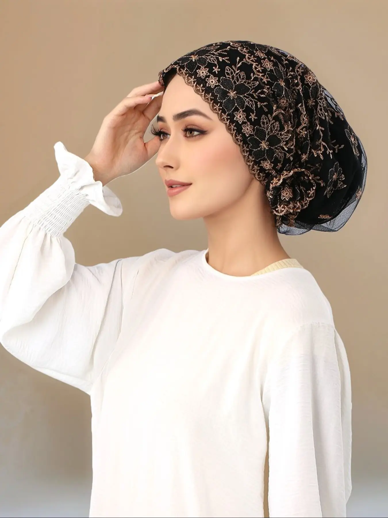 Elegant Beaded Lace Hijab Cap for Women, Polyester Jacquard Headscarf Cover, Perfect for Ramadan, Chemotherapy, Evening Events