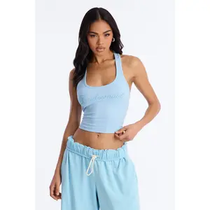Bridesmaid Rhinestones Ribbed Tank Top - Light Blue