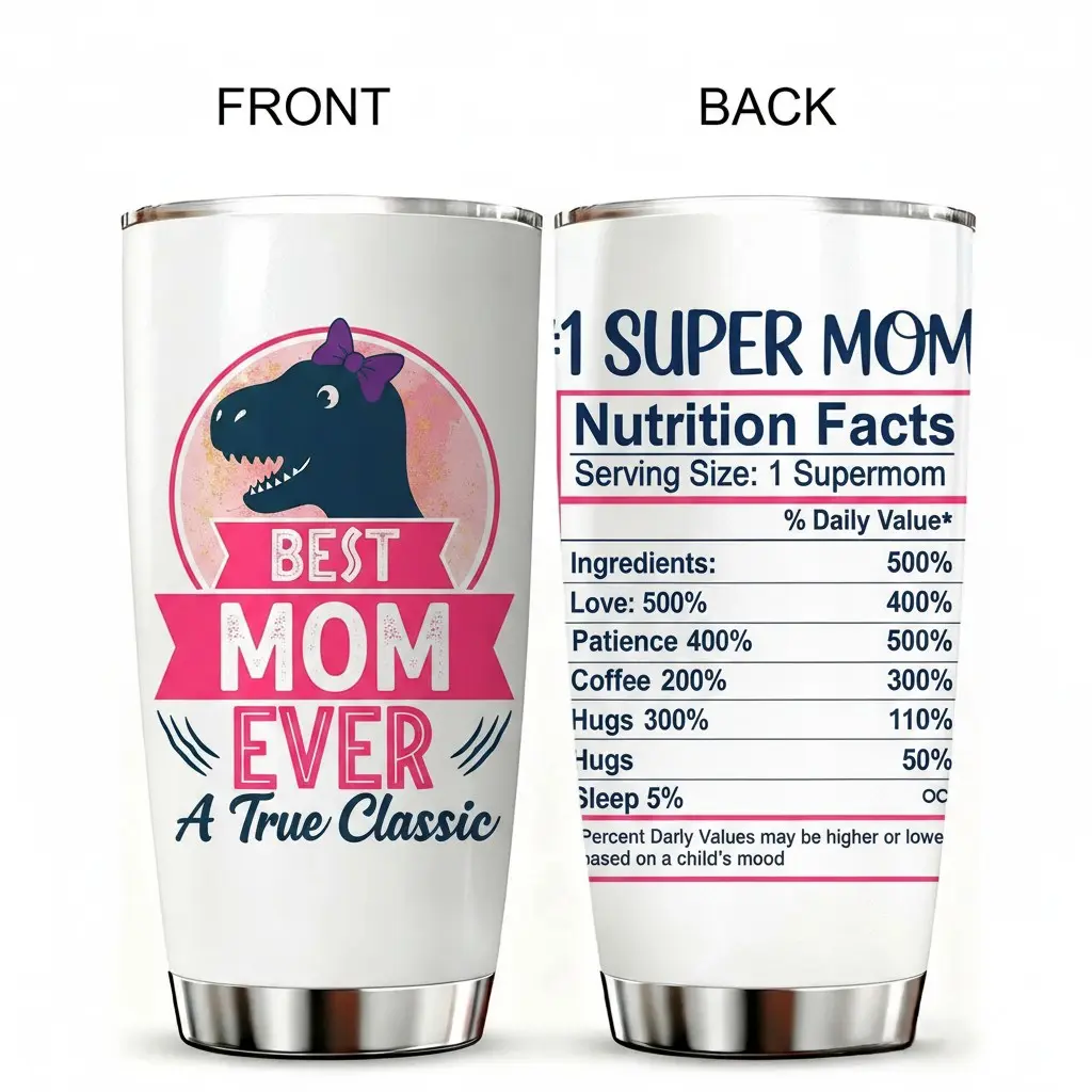 Humorous Mamasaurus Best Mom Ever 20oz Double Wall Insulated Stainless Steel Tumbler, Featuring a Hilarious Super Mom Nutrition Facts Back Label - Unique Birthday Mother's Day Gift for Mom Grandma Mama Nana Her, Keeps Drinks Warm & Makes Her Smile Ev