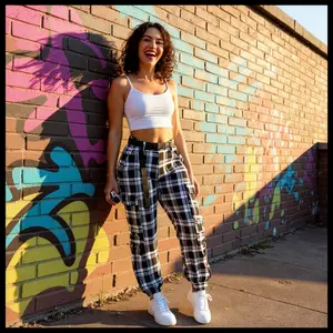 HIgh Waist Denim Jogger Pant - BLACK/WHITE