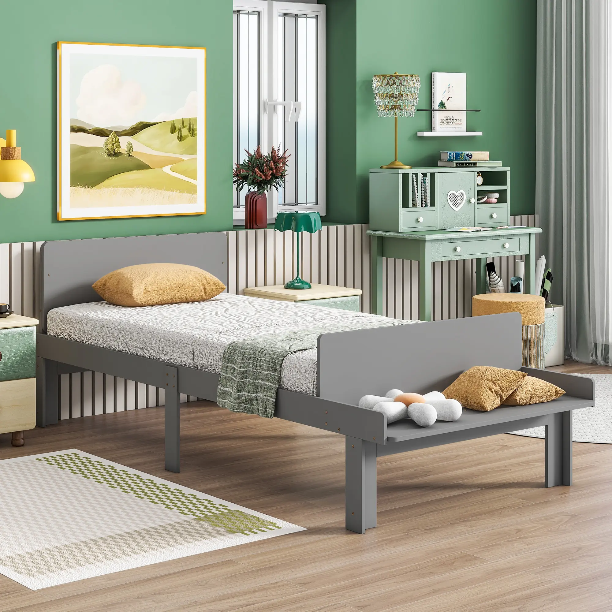Twin Bed with Footboard Bench,Stylish and Practical Design，Footboard Bench，Grey or white