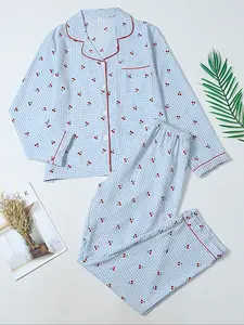 Women's Spring & Fall Sleepwear Set, 2-Piece Long Sleeve Pajamas, Casual Cartoon Pattern, Fitted Home Wear, Outerwear Friendly