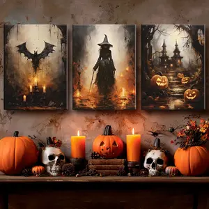 3 Counts Wooden Framed Canvas, Gothic Horror Witch, Halloween Witch, Halloween Home Poster, Halloween Party Decorations, Living Room And Bedroom Hanging Paintings, Horror Theme, Interesting Posters, Exquisite Gifts, High-Definition Art