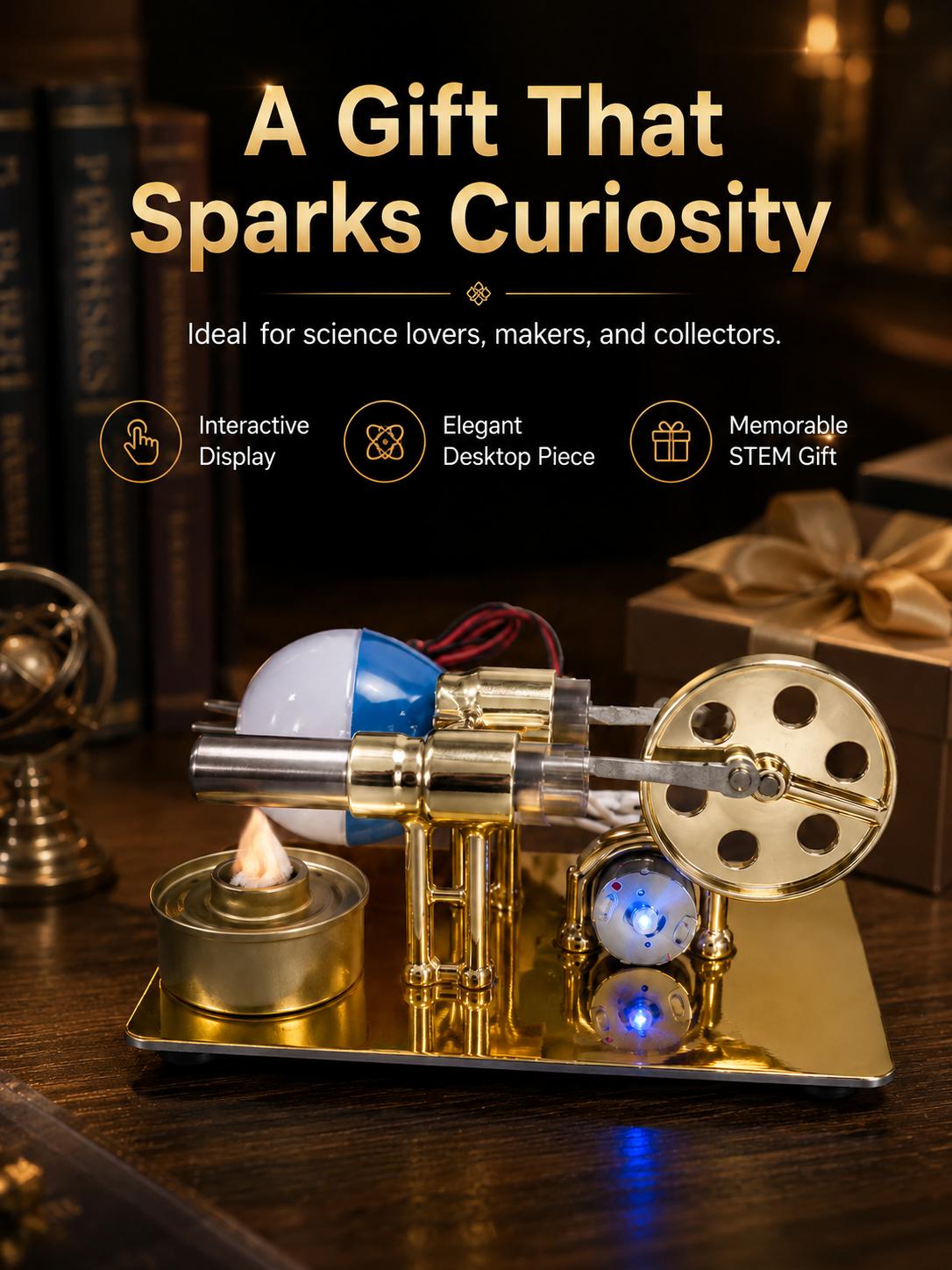 Heat‑Powered Stirling Engine Model with Burning Fuel & LED Motion Desk Toy