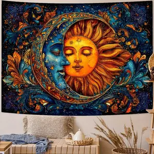 FAXDONG Celestial Sun and Moon Tapestry - Sun & Moon Phases, Cosmic Floral Patterns in Blue, Golden, Orange, Purple - Horizontal Wall Hanging for Living Room, Bedroom, Office Decor - Non-Electric Home Decoration, Bohemian Style, Premium Textile Art, Astro