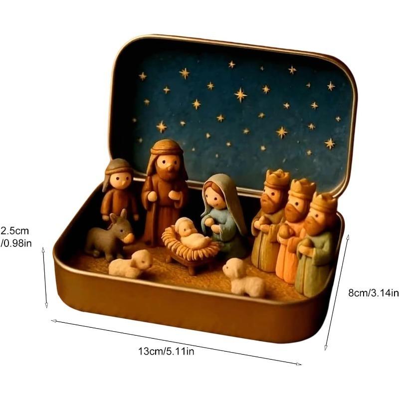 Handmade Miniature Christmas Nativity Set in Tin Box, Portable Pocket-Sized Manger Scene with Mary, Baby Jesus, Shepherds & Animals, Hand-Painted Resin Figures, Travel-Friendly Christmas Decor, Nativity Play Set & Holiday Gift