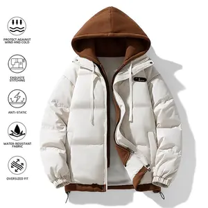 Men's Vintage Oversized Zip-Up Hoodie Jacket, Thick Warm Winter Coat, Fake Two-Piece Patchwork Colorblock Design with Double Windproof Zipper, Loose Fit Fall/Winter Outdoorwear Menswear Stylish
