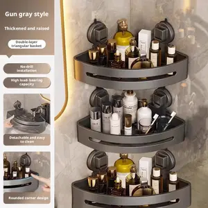 MYSTRISA Gun Gray Aluminum Triangular Suction Cup Shower Caddy Single Layer Corner Shelves No Drilling Bathroom Organizer 40lbs Load Capacity Towels Hook Toiletries Storage Rack
