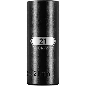 1/2 Inch Drive 6-Point Deep Socket, 21mm Deep Impact Socket, CR-V Steel