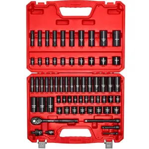 summervibes VEVOR 3/8 in Drive Impact Socket Set, 64 Piece, 6 Point Deep Shallow Impact Sockets, SAE (5/16 in to 1 in) and Metric (6 to 24 mm) Sizes with 3 in 6 in Extension Bars, Cr-V Steel, Carrying Case, Socket Wrench Set