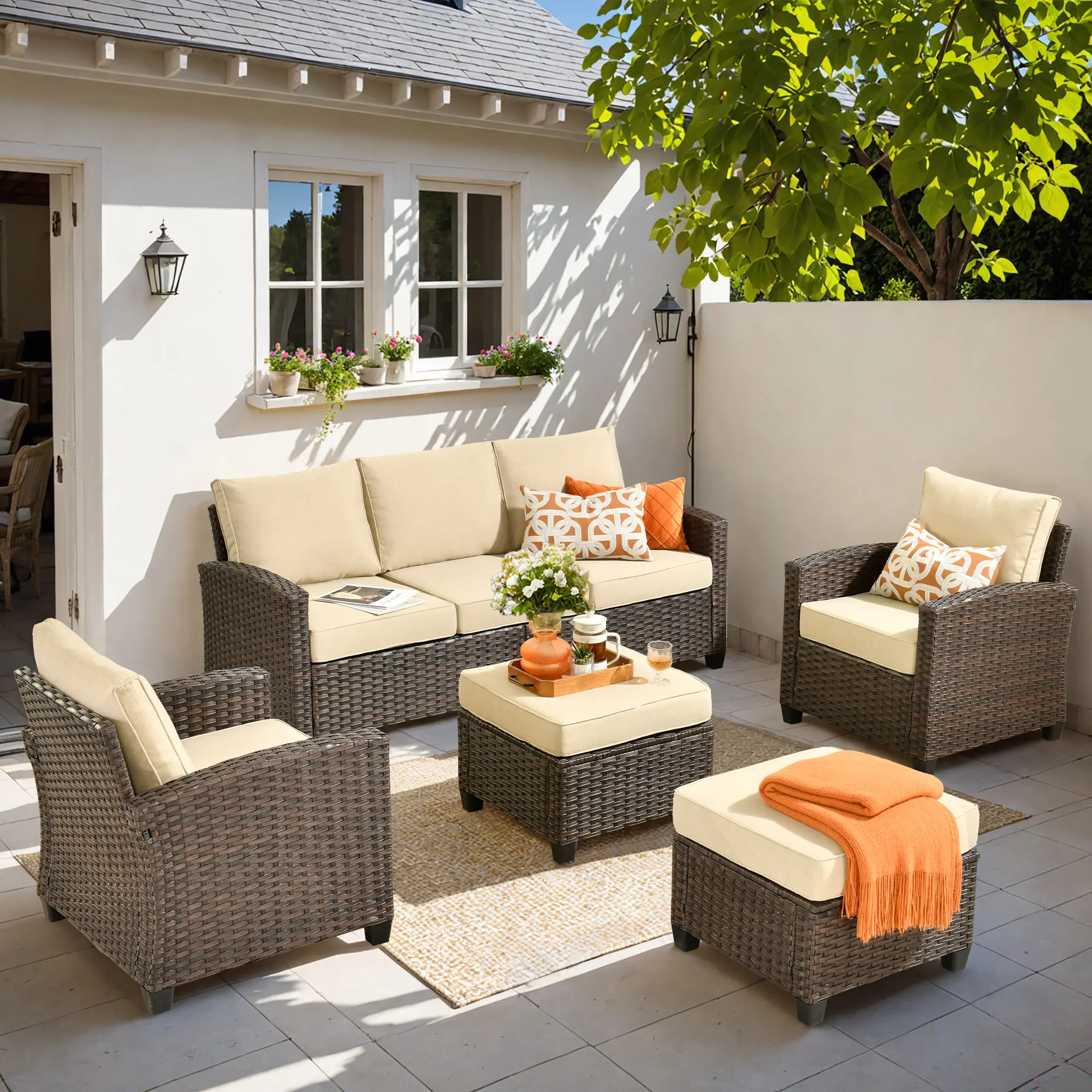 Patio Furniture Sets 5 Pieces Outdoor Sectional Rattan Sofa Manual Weaving Wicker Patio Conversation Set with Ottoman and Cushion