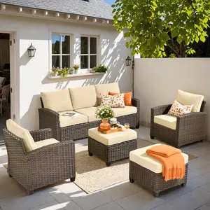 Patio Furniture Sets 5 Pieces Outdoor Sectional Rattan Sofa Manual Weaving Wicker Patio Conversation Set with Ottoman and Cushion