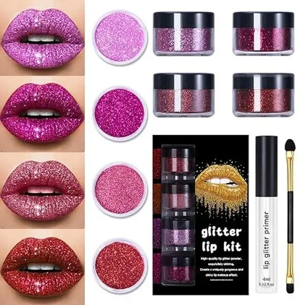 Glitter Lip Kit - Shiny Diamond and Metallic Glitter Lipstick Gloss Pigment Powder, Waterproof & Long Lasting Shimmer Lip Makeup Set for Women (Set A Warm Color)