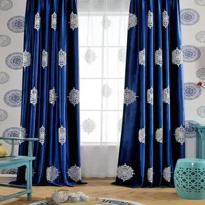 VOGOL Green/Pink/Blue/Burgundy Curtains Blackout Curtains 84 Inches Long for Bedroom White Flowers Embroidered Room Darkening Window Drapes for Living Room 52x84 2 Panels Dark Blue Thermal Insulation Privacy Protection