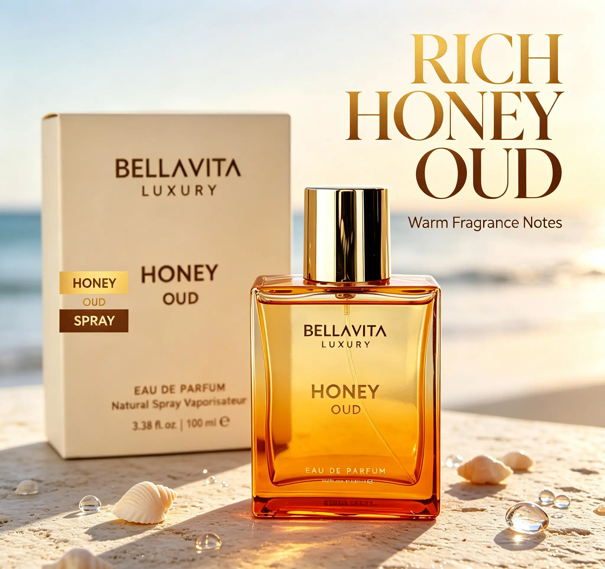 Bellavita Honey Oud Unisex Luxury EDP 3.4oz | Warm Woody Honey Fragrance, Vegan Perfume with Bergamot Patchouli Vanilla, Long‑Lasting EDP for Men & Women