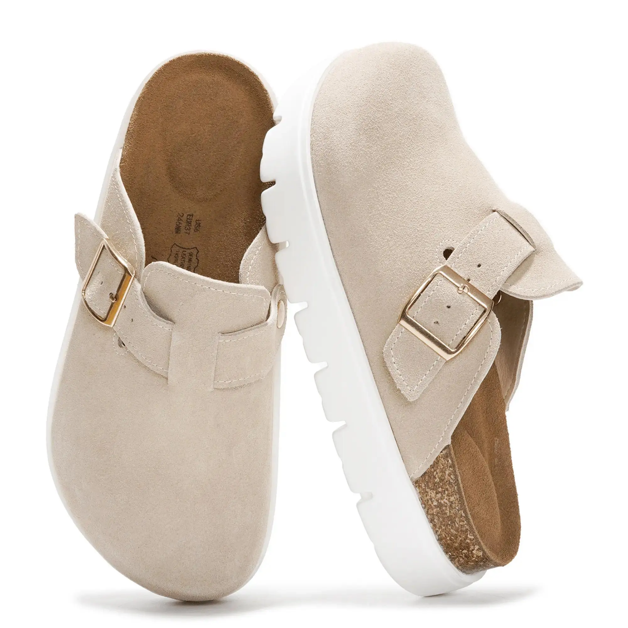 WKK Women's Genuine Leather Clogs - Lightweight, Non-Slip, Chunky Footwear with Cork Footbed and Memory Foam Padding, Walking Shoes, Orthopedic Clogs, Slip On Mules, Female