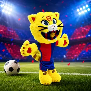 Barcelona Soccer Mascot Inspired Plush Toy, Yellow Cat Football Fan Stuffed Animal, Blue Red Jersey Sports Plush Doll, Cute Team Style Room Decor Gift for Fans