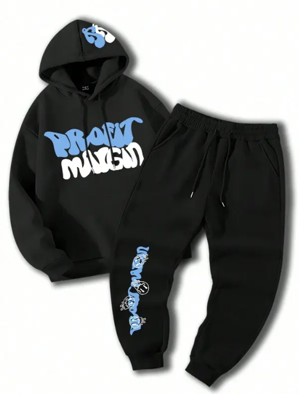 Manfinity Unisex 2-Piece Casual Sport Gymwear Set - Long Sleeve Graphic Letter Print Hooded Sweatshirt, Drawstring Track Pants, Long Sleeve Shirt Alternative, Standard Sizes for Fall Winter Sports