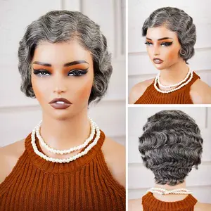 QVR Ocean Weave Salt & Pepper Short Pixie Cut Wigs Glueless 13X4 Pre-cut Lace Human Hair Wigs