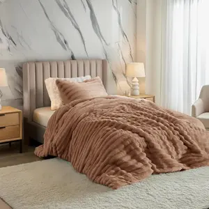 Cuddly Ribbed  Comforter Set  Size, Super Soft Plush Fleece Bedding Set, Warm Fuzzy Comforter with Matching Sham, -Season Cozy 2- Bed Set, Mocha