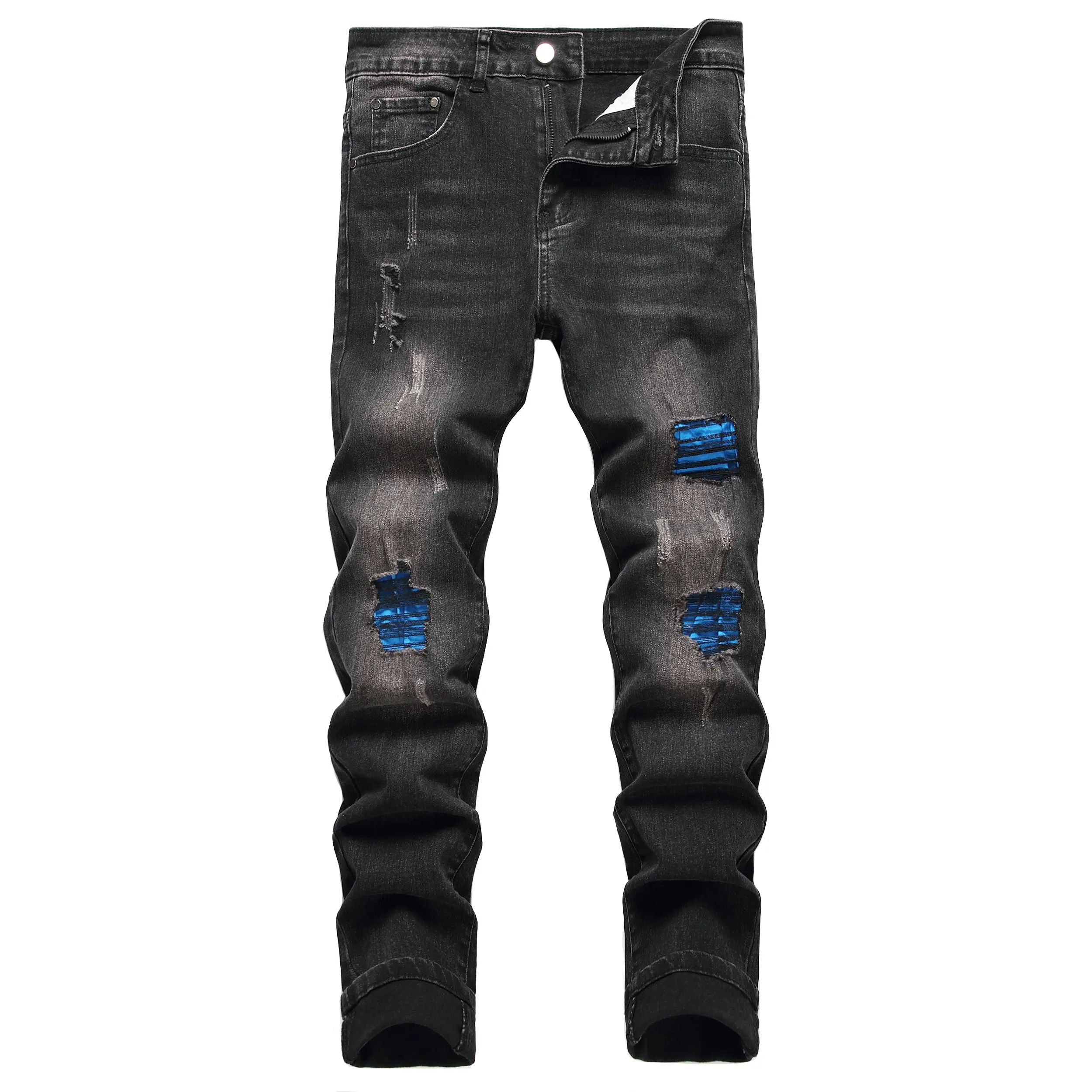 JUNBAOSS Men's Slim Fit Stretch Jeans Colored Ripped Jeans for Men, Casual Fashion Straight Leg Comfort Flex Waist Skinny Denim Pants, Menswear Trouser Streetwear Motocross Jeans with Plain Pockets