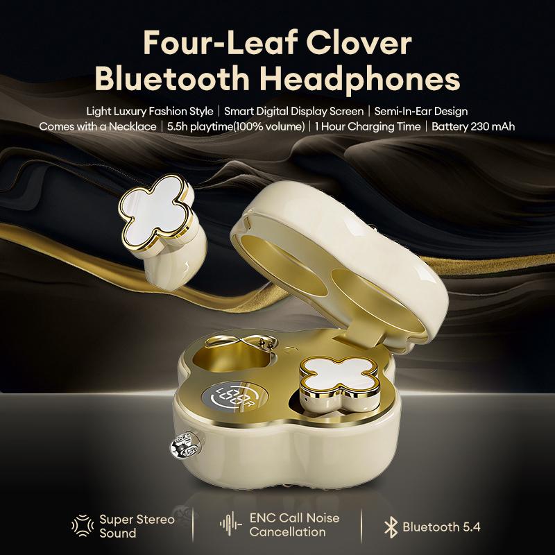 PAXA YX66 Four-Leaf Clover Wireless Earbuds with Bluetooth 5.4, Stable Connection, ENC Call Noise Cancellation, Super Stereo Sound, Luxury Retro Jewelry-Style Design for Women, Elegant Charging Case, Compatible with Android & iOS, Ideal Gift for Girls