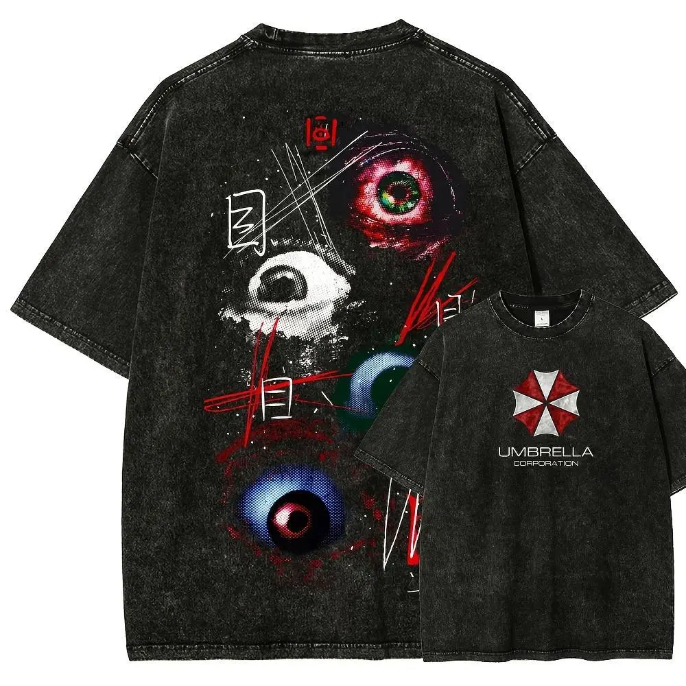 Men's Vintage Resident Evil Distressed Washed Cotton Short-Sleeve Crewneck T-Shirt, Casual Everyday Tops, Festive Menswear Item-51