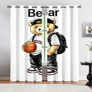 Handsome teddy bear pattern, 2-piece curtain set, suitable for living room, balcony, and bedroom windows, perfect for home, seasonal, holiday room decoration