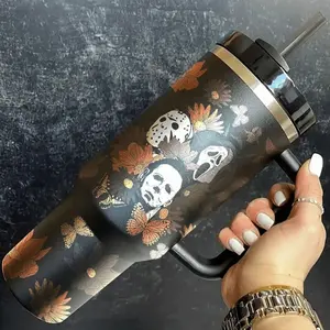 Horror Icon Mask Floral Stainless Steel Tumbler, 20oz Skinny/Curved or 40oz Handle Insulated Travel Mug with Straw Lid