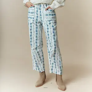 Floral Printed Corduroy Waist Tie Detail Pants