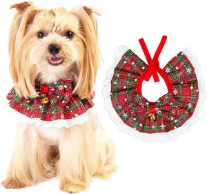 Christmas dog costume gifts: festive lace headscarf with bells, plaid scarf suitable for small dogs and cats, and adorable cat Christmas costumes perfect for winter parties and photoshoots.
